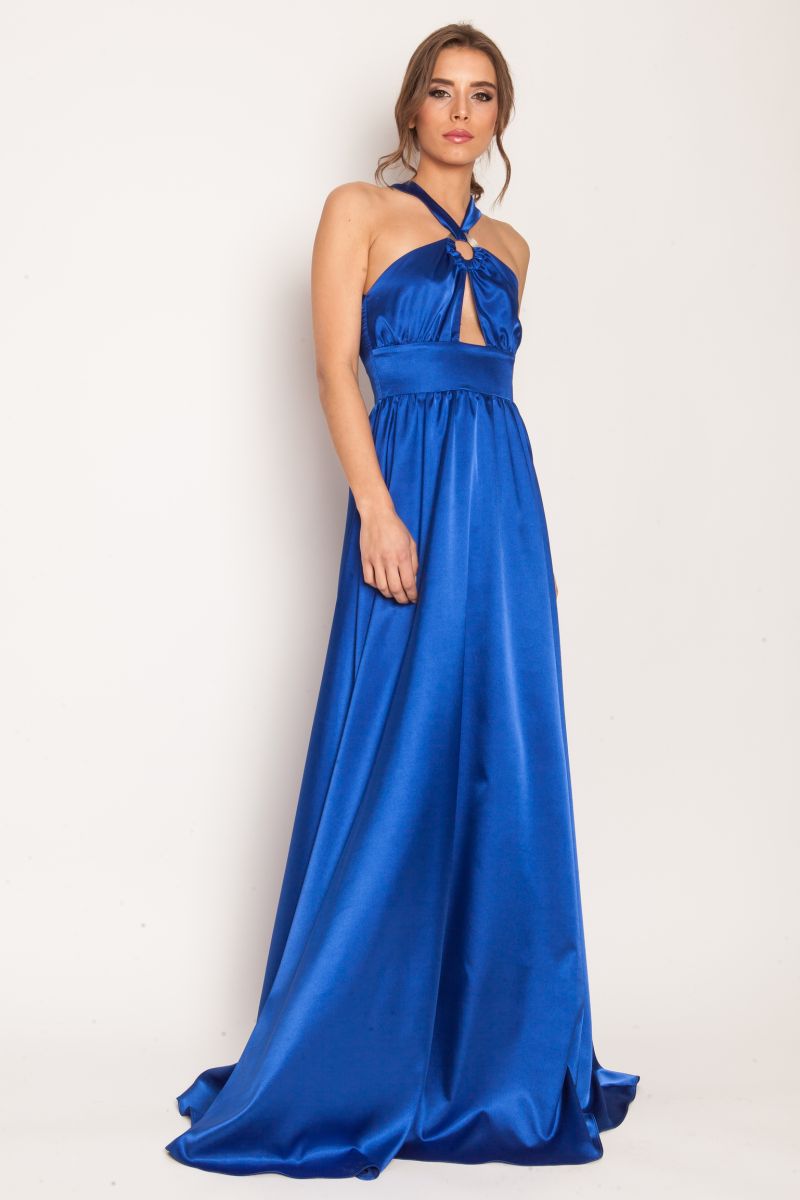 Maxi satin dress with detail on neckline HULA