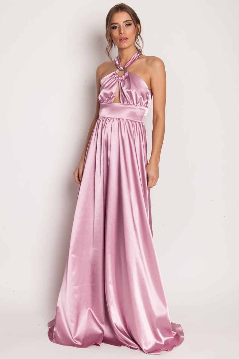 Maxi satin dress with detail on neckline HULA