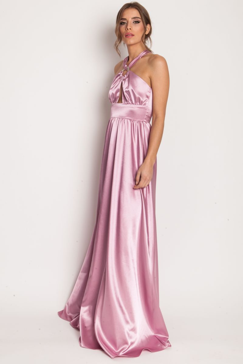 Maxi satin dress with detail on neckline HULA