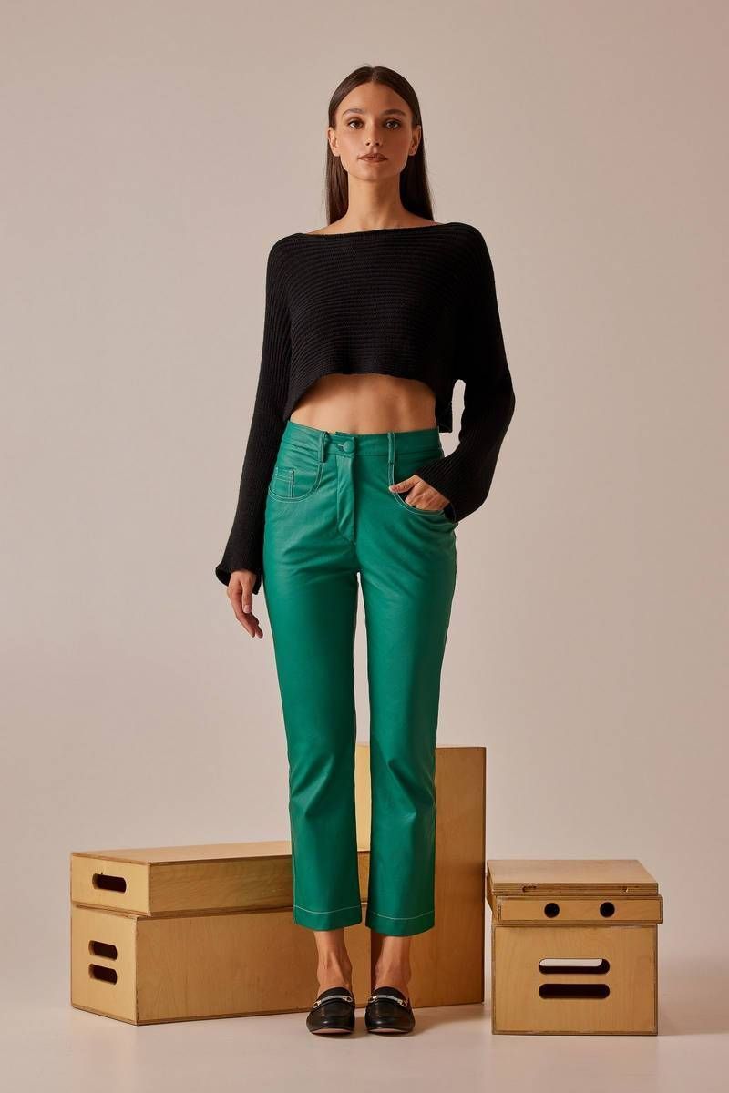 Faux leather straight-leg trousers